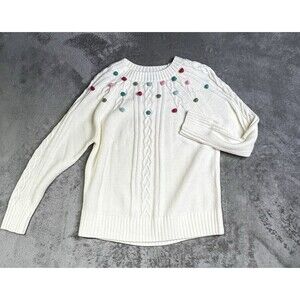 Bua Bua Cozy White Cable Knit Crewneck Sweater with Colorful Pompoms Size M